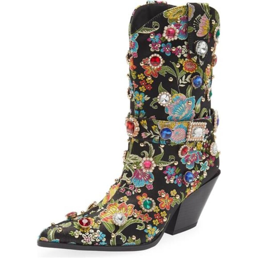 New Western Cowboy Boots Flower Mid-Calf Embroidered Rhinestone Black for Women